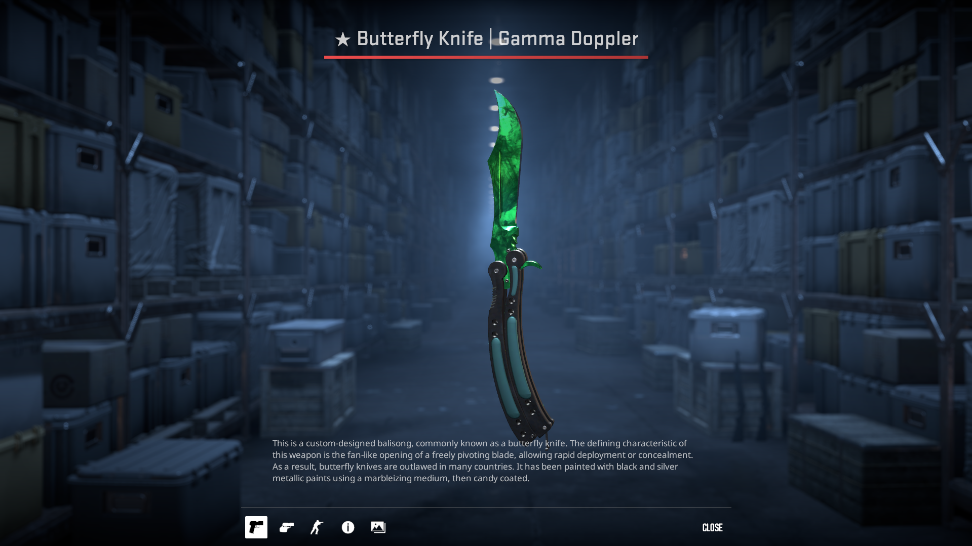 Butterfly Knife | Gamma Doppler Emerald Skin mit leuchtend grünem Finish, auf schwarzem Hintergrund
