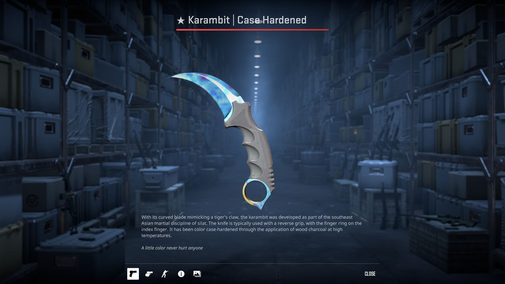 Karambit | Case Hardened Blue Gem #387 Skin in Factory New, auf einer dunklen Oberfläche liegend